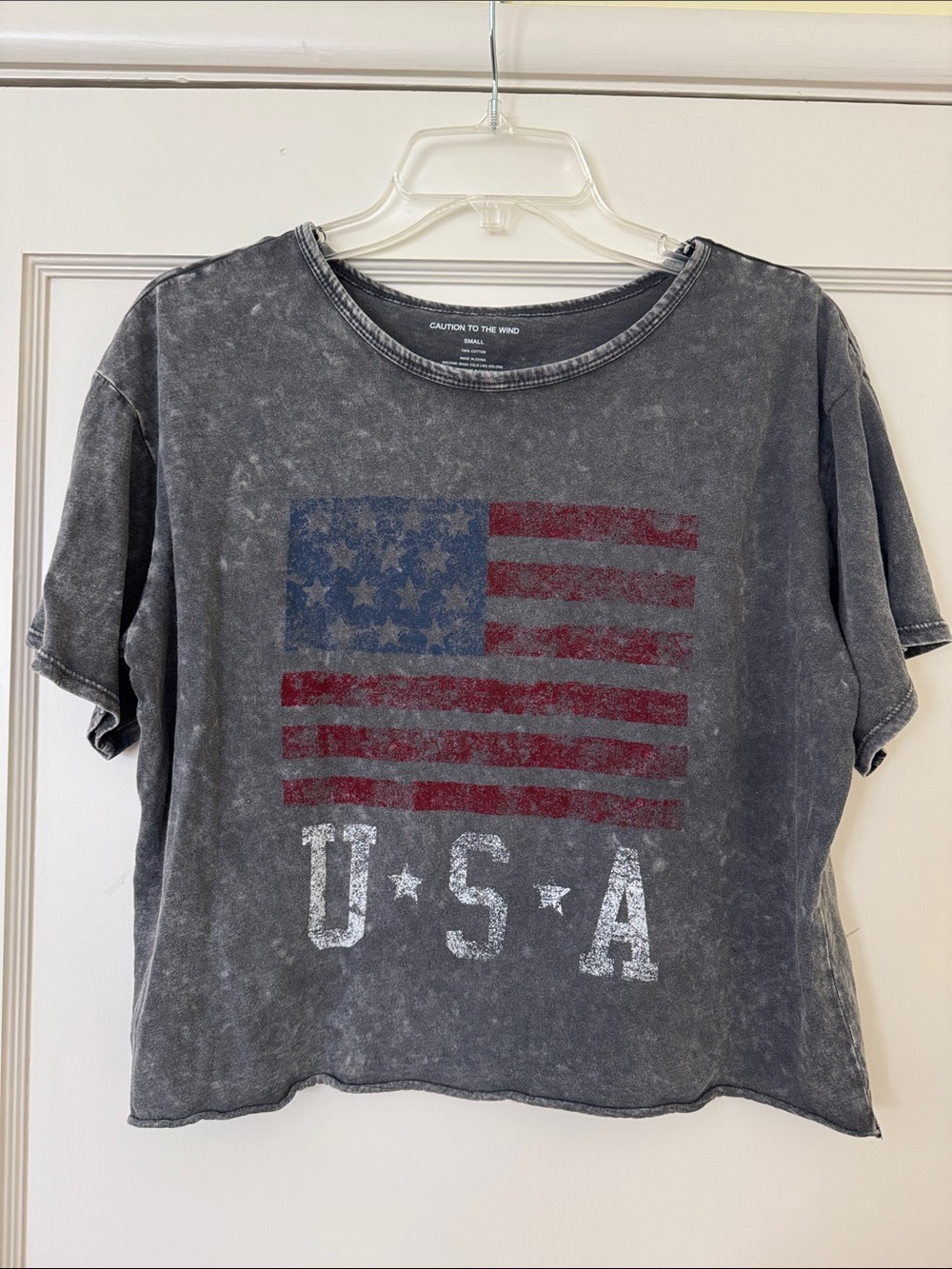 Caution To The Wind Grey USA Flag Crop Top with Red & Blue Print